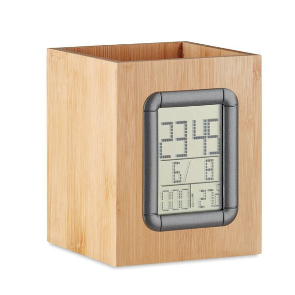 MANILA Eco-Friendly Bamboo Penholder with LCD Clock and Thermometer - GiftRetail MO6289