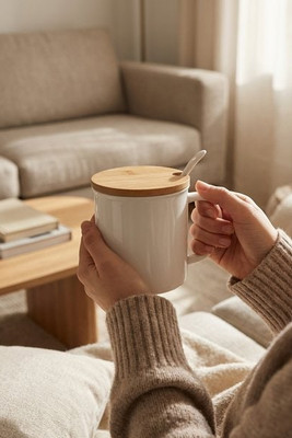 KENYA Elegant Kenya Porcelain Mug with Spoon and Bamboo Lid - GiftRetail MO9708