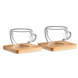 GiftRetail MO9709 - BELIZE Elegant Double Wall Espresso Glasses with Bamboo Saucers