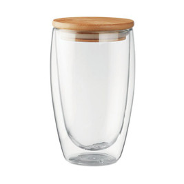 GiftRetail MO9721 - TIRANA LARGE Eco-Friendly Double Wall Glass with Bamboo Lid 450ml