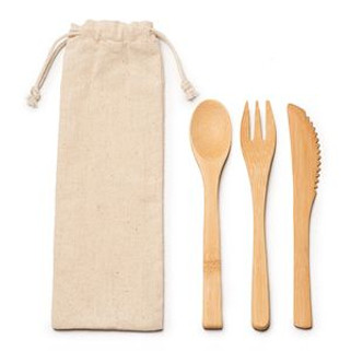 COLMER Bamboo cutlery set in a natural cotton drawstring pouch - EgotierPro CU4117