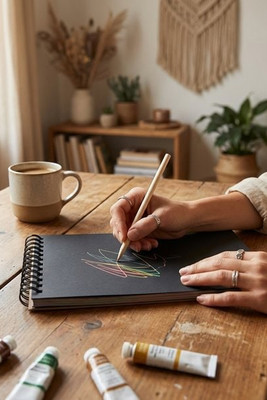 BLACK Eco-Friendly Black Scratch Art Notebook with Pen - GiftRetail MO6699