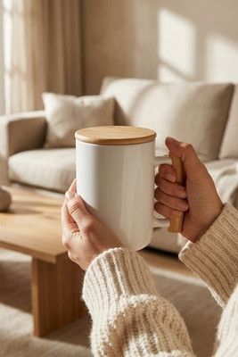 MAJEST Elegant Porcelain Mug with Bamboo Lid and Handle - GiftRetail MO6781