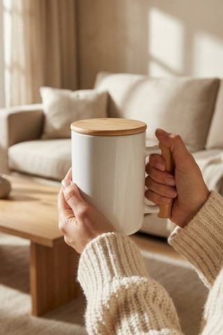 MAJEST Elegant Porcelain Mug with Bamboo Lid and Handle - GiftRetail MO6781