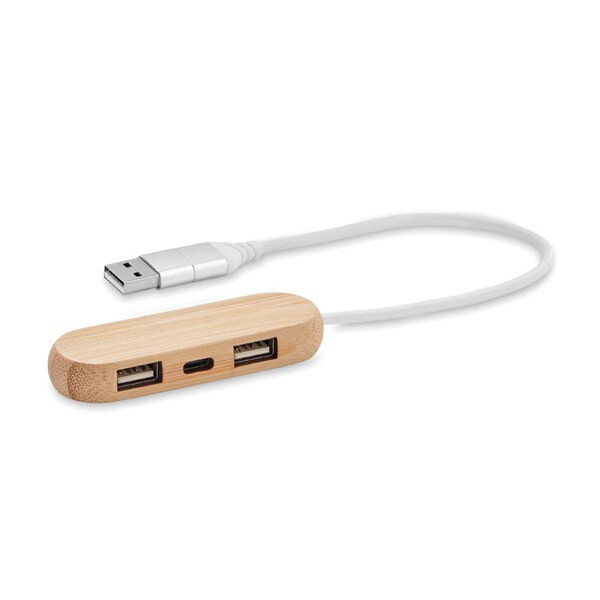 VINA C Eco-Friendly Bamboo 3-Port USB Hub with Dual Input - GiftRetail MO6848
