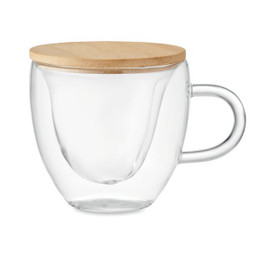 GiftRetail MO6937 - CORAMUG Heart-Shaped Double Wall Glass Mug with Bamboo Lid