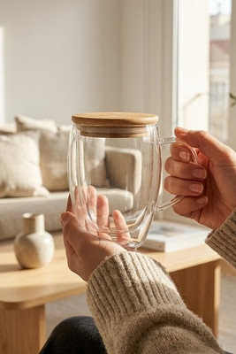 TIROL Elegant Double Wall Borosilicate Glass Mug with Bamboo Handle - GiftRetail MO2199