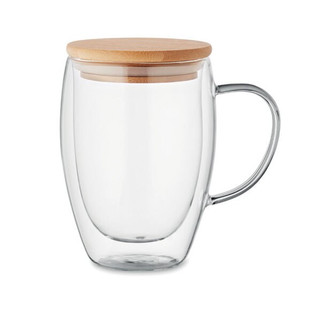TIROL Elegant Double Wall Borosilicate Glass Mug with Bamboo Handle - GiftRetail MO2199