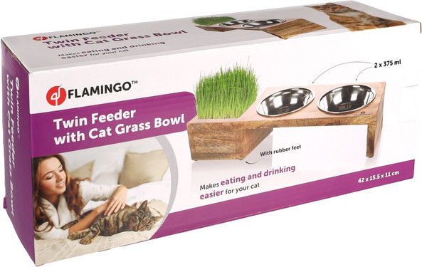 Flamingo f-561246 - Support Élegant Duo Gamelles Inox et Bois pour Chat
