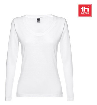 TH Clothes 30125 - Long-sleeved scoop neck fitted T-shirt for women. 100% carded cotton. White