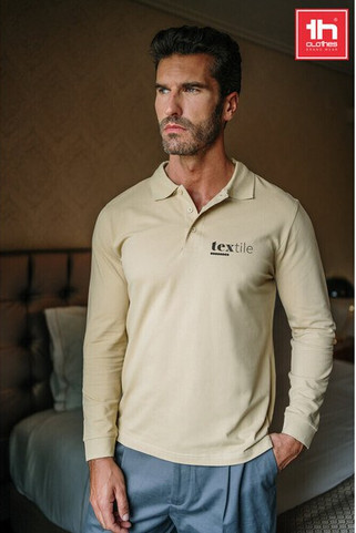 TH Clothes 30141 - Herrpikétröja med lång ärm i 100% bomull med avtagbar etikett