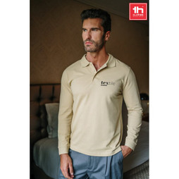 TH Clothes 30141 - Mens long-sleeved 100% cotton piqué polo shirt with removable label
