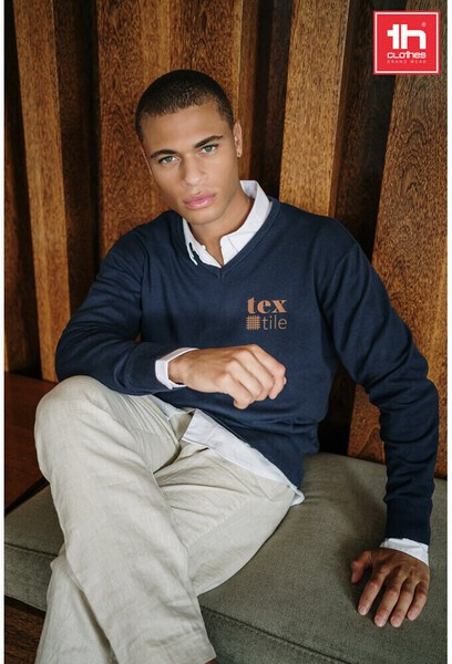 TH Clothes 30149 - Pull col V pour homme en coton et polyamide