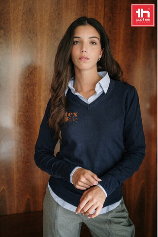 TH Clothes 30150 - Pull à col V pour femmes en coton et polyamide