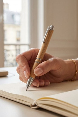 Bamboo ball pen with clip and metal trim - Egotier 81011