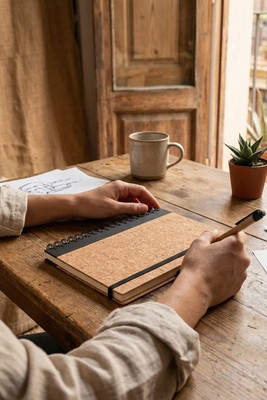 B6 notebook in cork and recycled polyester (100% rPET) with ballpoint pen - Egotier 93285