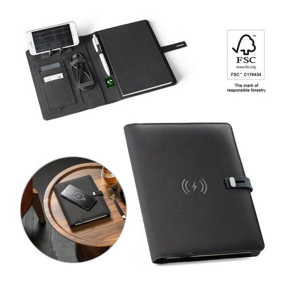 hi!dea 93581 - A5 Mappe aus 300D recyceltem Polyester (100% rPET) mit kabellosem Ladegerät