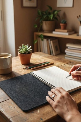 A5 notebook with semi-hard cover in recycled felt (100% rPET) with rings and lined pages - Egotier 93635