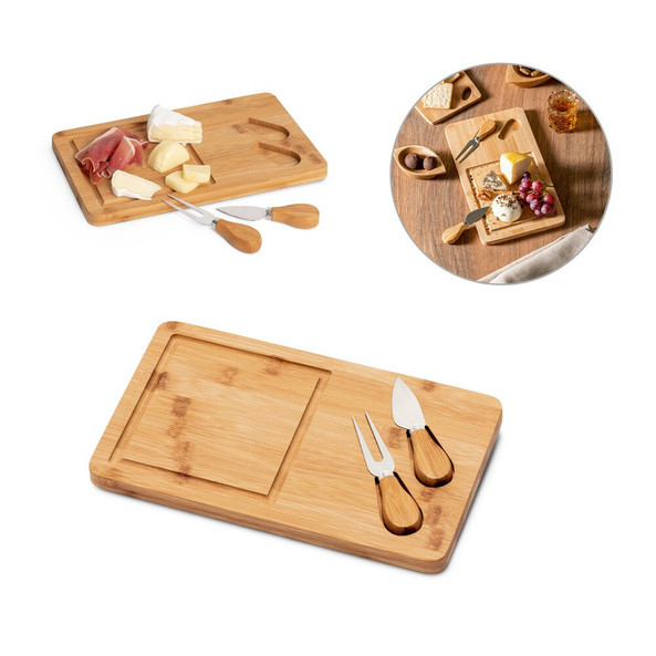 hi!dea 93830 - Tábua de queijos em bambu com 2 utensílios em bambu e aço inoxidável