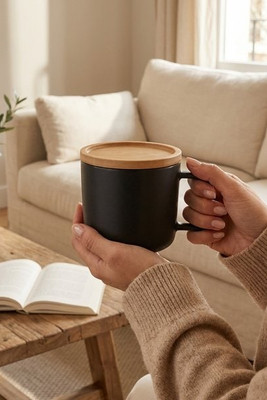 Tasse aus Keramik 230ml mit Deckel aus Bambus, der als Untersetzer dient - Egotier 94251