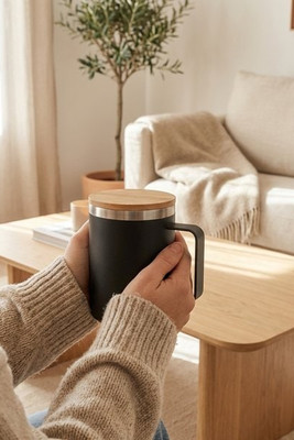 Mug in 90% recycled stainless steel with bamboo lid 420 mL - Egotier 94276