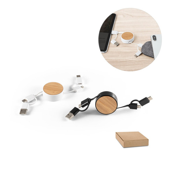 hi!dea 97091 - 6-in-1 retractable USB cable in recycled ABS (100% rABS) and bamboo