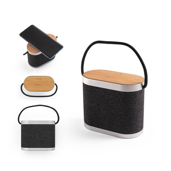 hi!dea 97183 - Coluna de som portátil de 5W com carregador wireless super rápido 15W e 2h de autonomia em bambu e PET reciclado (100% rPET)