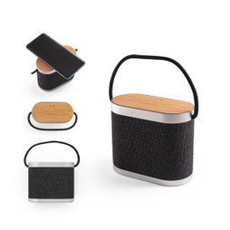 hi!dea 97183 - 5W portable speaker with super-fast 15W wireless charger and 2h battery life made of bamboo and recycled PET (100% rPET)
