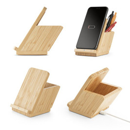 hi!dea 97940 - Smartphonehouder en balpenhouder met 10W supersnelle draadloze oplader in bamboe