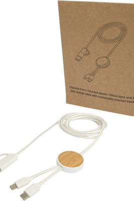Chechia 5-in-1 recycled plastic 150 cm data sync and 27W fast charge cable with bamboo details - EgotierPro 124422