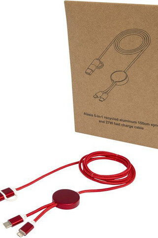 Alasia 5-in-1 recycled aluminium and plastic 150 cm data sync and 27W fast charge cable - EgotierPro 124425