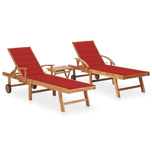 vidaXL 3073177 - Sun Loungers 2 pcs with Table and Cushion Solid Teak Wood