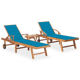 vidaXL 3073175 - Sun Loungers 2 pcs with Table and Cushion Solid Teak Wood