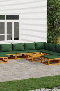 vidaXL 3155324 - 11 Piece Garden Lounge Set with Green Cushions Solid Wood