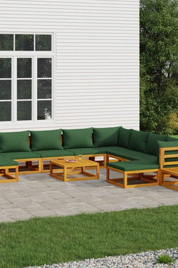 vidaXL 3155326 - 12 Piece Garden Lounge Set with Green Cushions Solid Wood