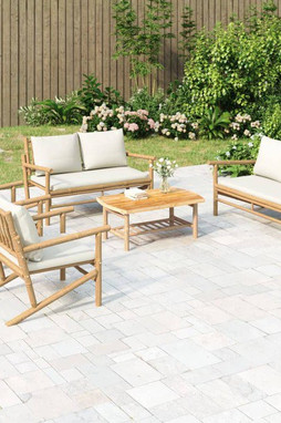 vidaXL 3156475 - 5 Piece Garden Lounge Set with Cream White Cushions Bamboo