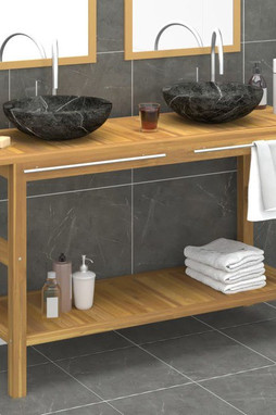 vidaXL 3096579 - Bathroom Vanity Cabinet with Marble Sinks Solid Wood Teak