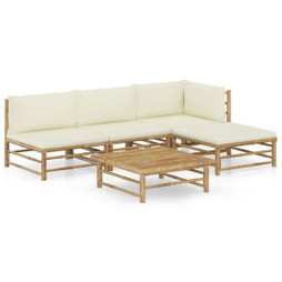 vidaXL 3058191 - Salon de jardin 5 pcs avec coussins blanc crème bambou