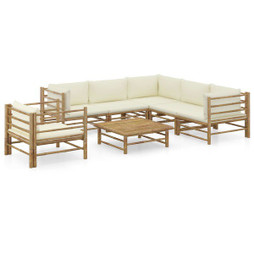 vidaXL 3058215 - Salon de jardin 7 pcs avec coussins blanc crème bambou