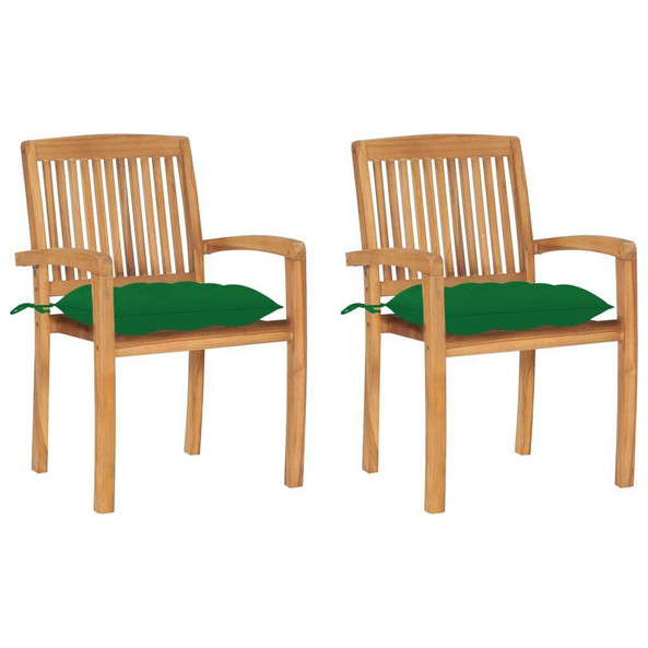 vidaXL 3063272 - Chaises de jardin lot de 2 et coussins vert Bois de teck massif