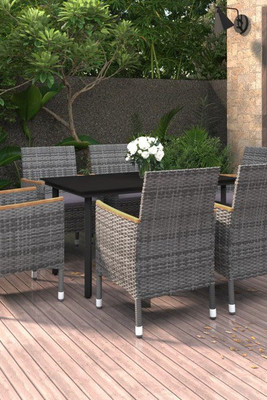 vidaXL 3099778 - 7 Piece Garden Dining Set with Cushions Poly Rattan and Glass