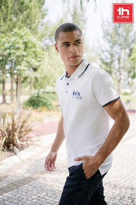 TH Clothes 30136 - Men's Polo Shirt with contrast colour trim and buttons. White