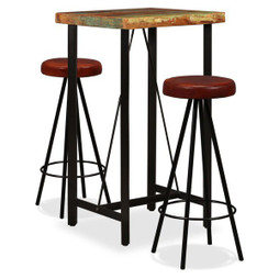 vidaXL 275139 - Ensemble de bar 3 pcs Bois massif recyclé et cuir véritable