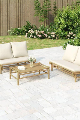 vidaXL 3156483 - 3 Piece Garden Lounge Set with Cream White Cushions Bamboo
