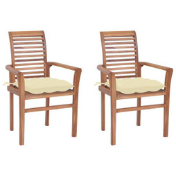 vidaXL 3062612 - Dining Chairs 2 pcs with White Cushions Solid Teak Wood
