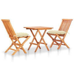 vidaXL 3063242 - 3 Piece Bistro Set with White Cushions Solid Teak Wood