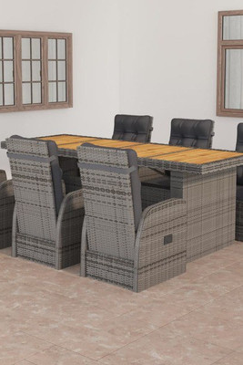 vidaXL 3059345 - 7 Piece Outdoor Dining Set with Cushions Poly Rattan