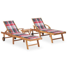 vidaXL 3073184 - Sun Loungers 2 pcs with Table and Cushion Solid Teak Wood