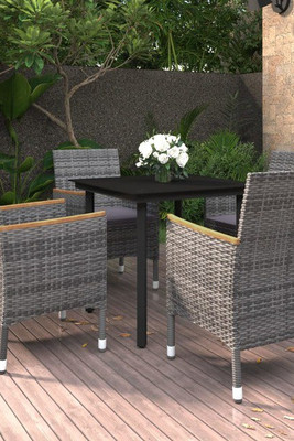 vidaXL 3099776 - 5 Piece Garden Dining Set with Cushions Poly Rattan and Glass