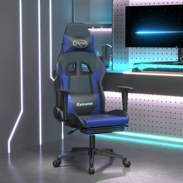 vidaXL 3143699 - Chaise de jeu avec repose-pied Noir et bleu Similicuir